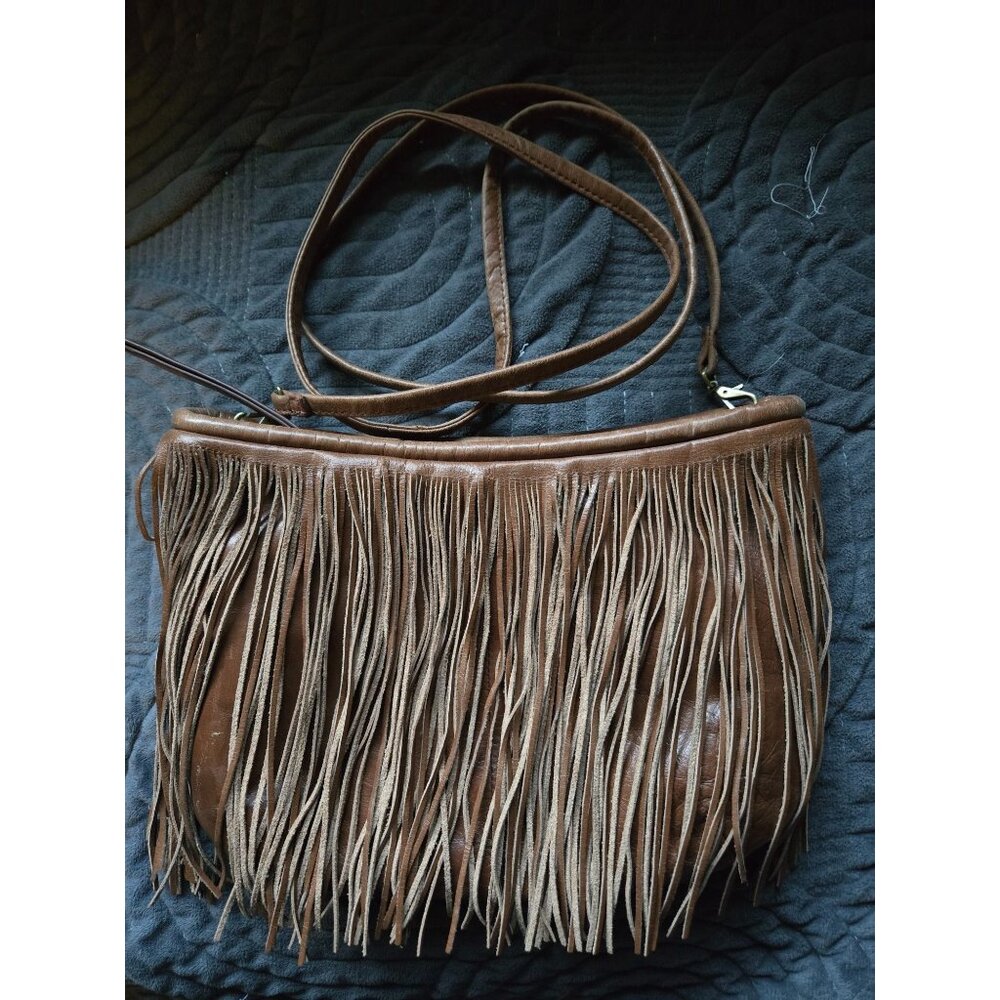 Hobo Brown Leather Fringe Crossbody Shoulder Bag With Adjustable Strap & Zipper